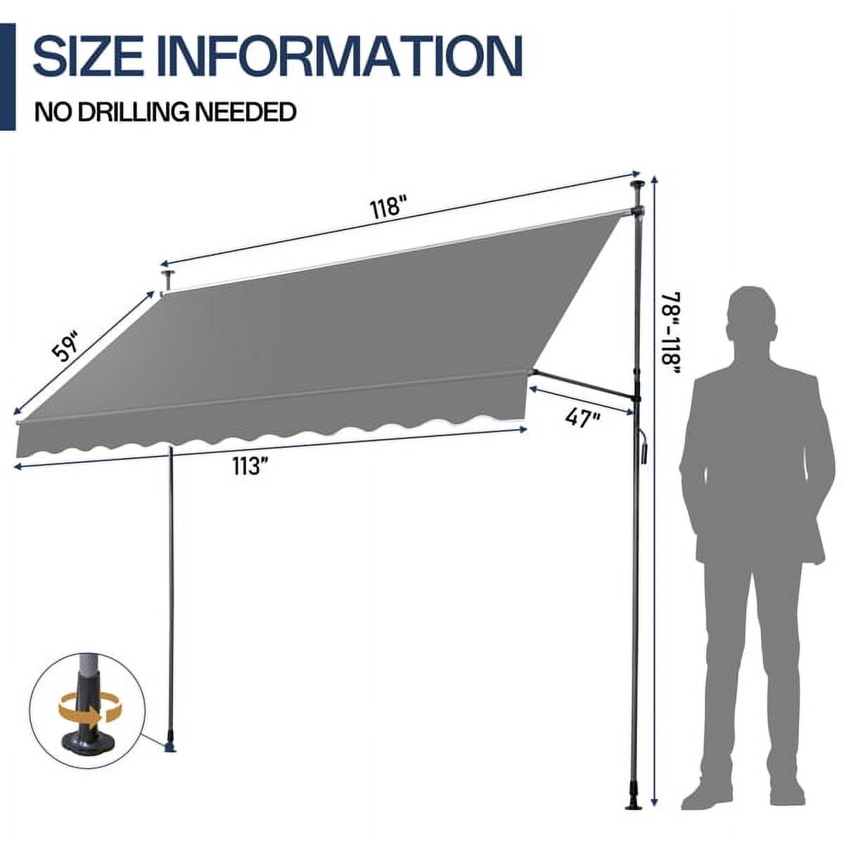 9.8x3.9FT Retractable Patio Awning – Grey Polyester Canopy, UV50+ Protection, No-Drilling Installation – for Decks, Gardens & Commercial Shading
