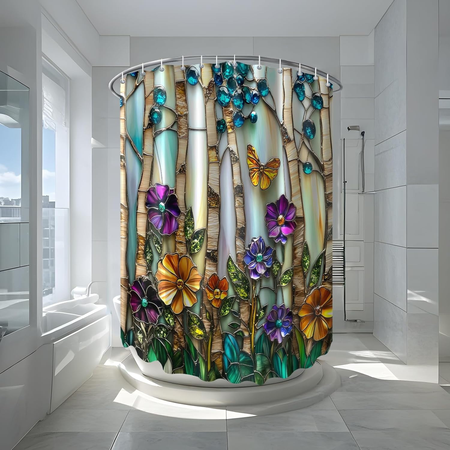 Stained Glass Birch Trees Shower Curtains Purple Floral Green Blue Diamond Barn Door Decor Waterproof Bathroom Curtains Set with Hooks-72"W x 72"L (Pack of 1)
