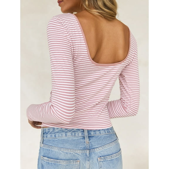 IWEMEK Fall Tops for Women Pink Stripe Long Sleeve Tshirts Wide Boat Neck Cute Cozy Blouses Size L