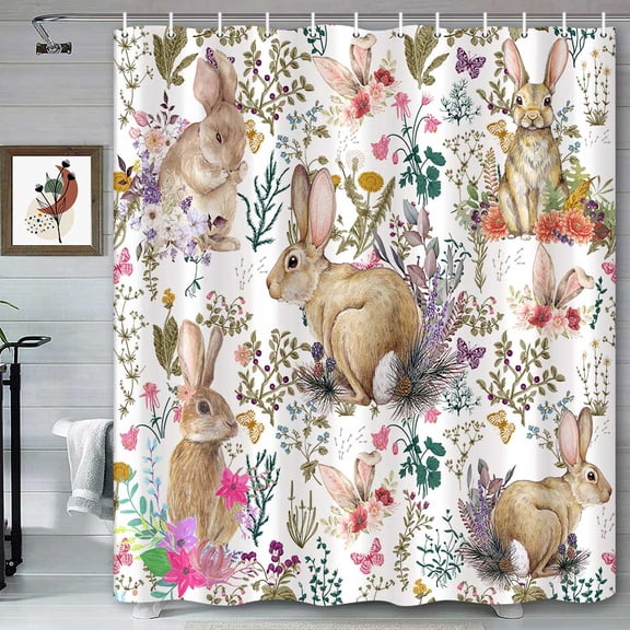 Spring Animal Floral Shower Curtain, Cute Rabbit Watercolor Plant Flowers Herb Botanical Bathroom Decor Sets, Waterproof Polyester Fabric Shower Curtains with Hooks, 72 x 72