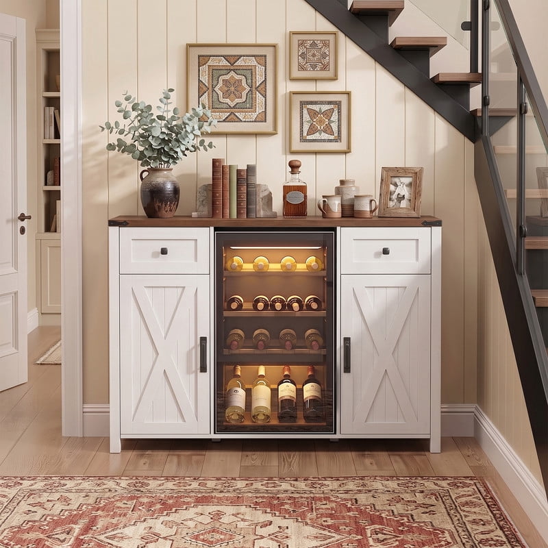 Farmhouse Bar Cabinet with Power Outlet, Home Coffee Storage Cabinet with Mini Fridge Nook, Sideboard Buffet with Barn Doors & 2 Drawers