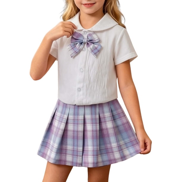 Odeerbi Camisa de Cuello de Marinero de Vestido Preppy de 2 Piezas de Niñas y Falda Plisada En Cuadro Uniforme Escolar Con Corbata