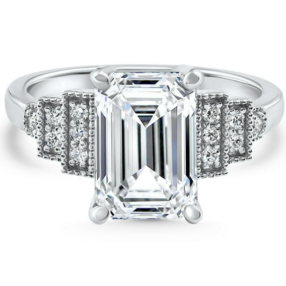 Edge Jewel 14K White Gold Over Wedding Anniversary Ring - 2 Ct Emerald Cut White Diamond Ring for Women's - 30th Wedding Anniversary Gifts - Luxurious Multi-Stone Engagement Ring for Women's