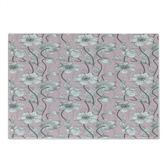 Pink and Grey Cutting Board, Vintage Floral Anemones Fragrance Soft Toned Yoga Botanical Beauty Art, Decorative Tempered Glass Cutting and Serving Board, Small Size, Rose Pale Grey, by Ambesonne