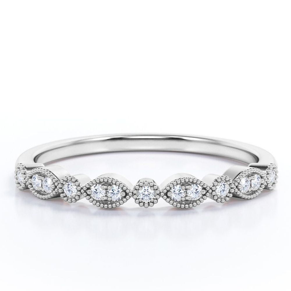 JeenMata 0.25 ct Lab Grown Diamond Wedding Ring Band - Scalloped Band - Milgrain Wedding Band - 10K White Gold
