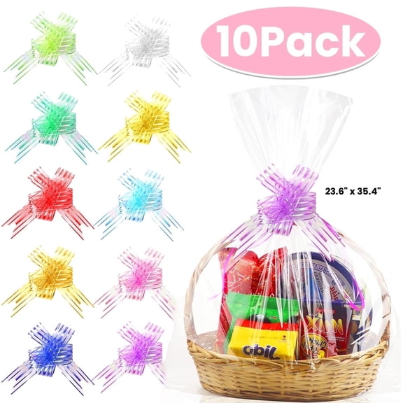 Celophane Gift Bags Clear for Baskets Large Thicker Clear Gift Basket Wrap Bags with Ribbon Bows 23.6" x 35.4" 10-Pack