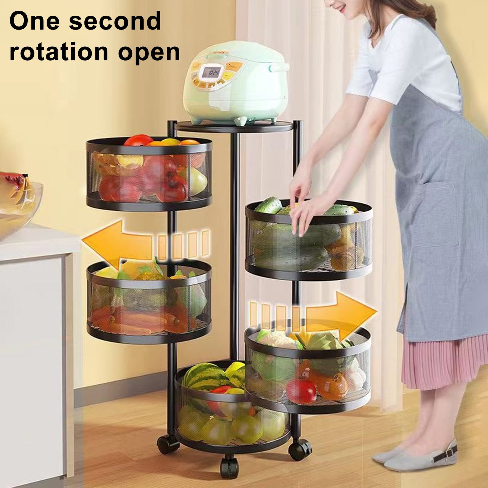 Kitchen Storage Cart 5 Tier Circular Rotating Basket Large Storage Rack with 360 Degree Wheels Fruit Vegetable Metal Wire Shelf with Top Lid for