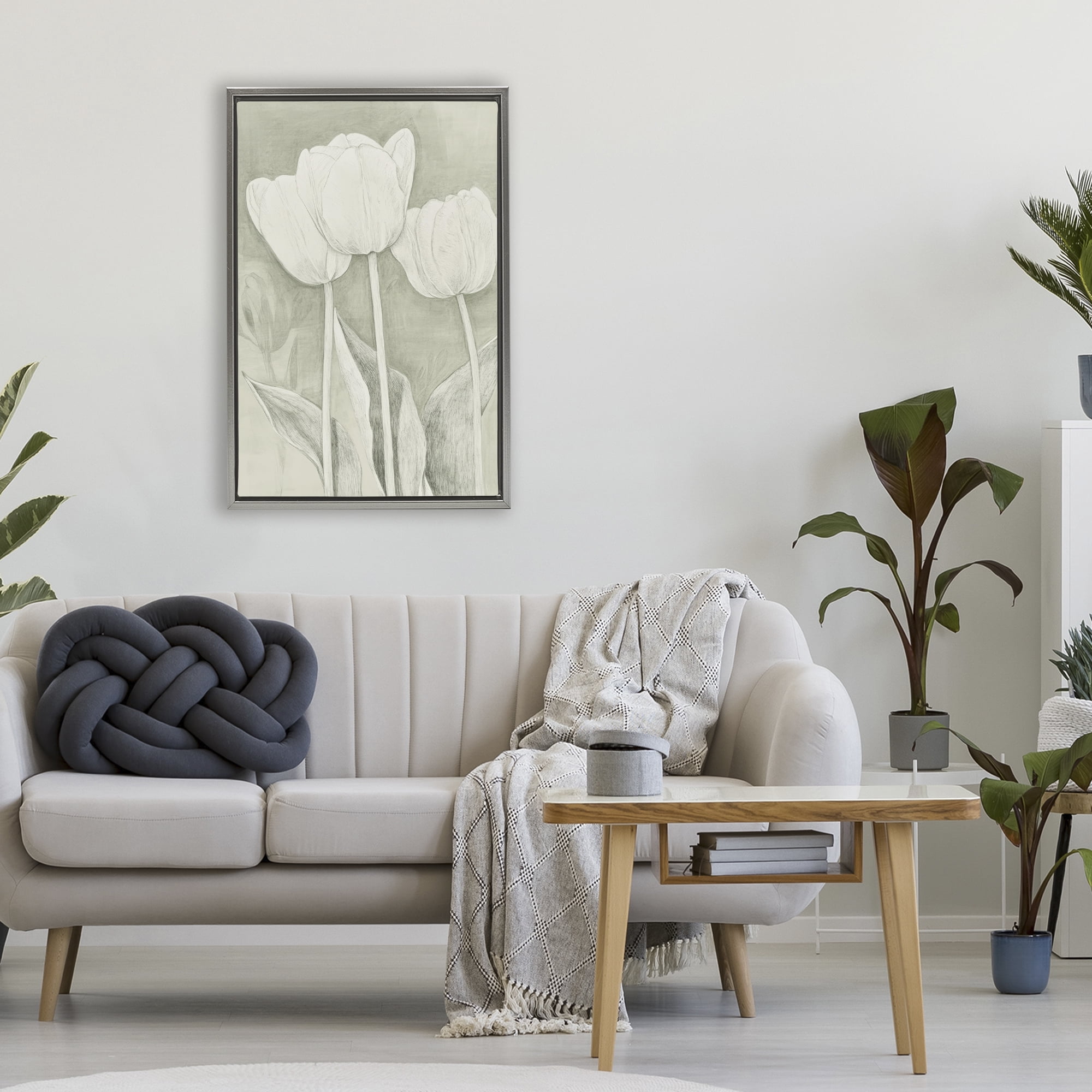 Stupell Industries Faded Tulips Pencil Sketch Gray Framed Floater Canvas Wall Art, design by Petal Prints Design