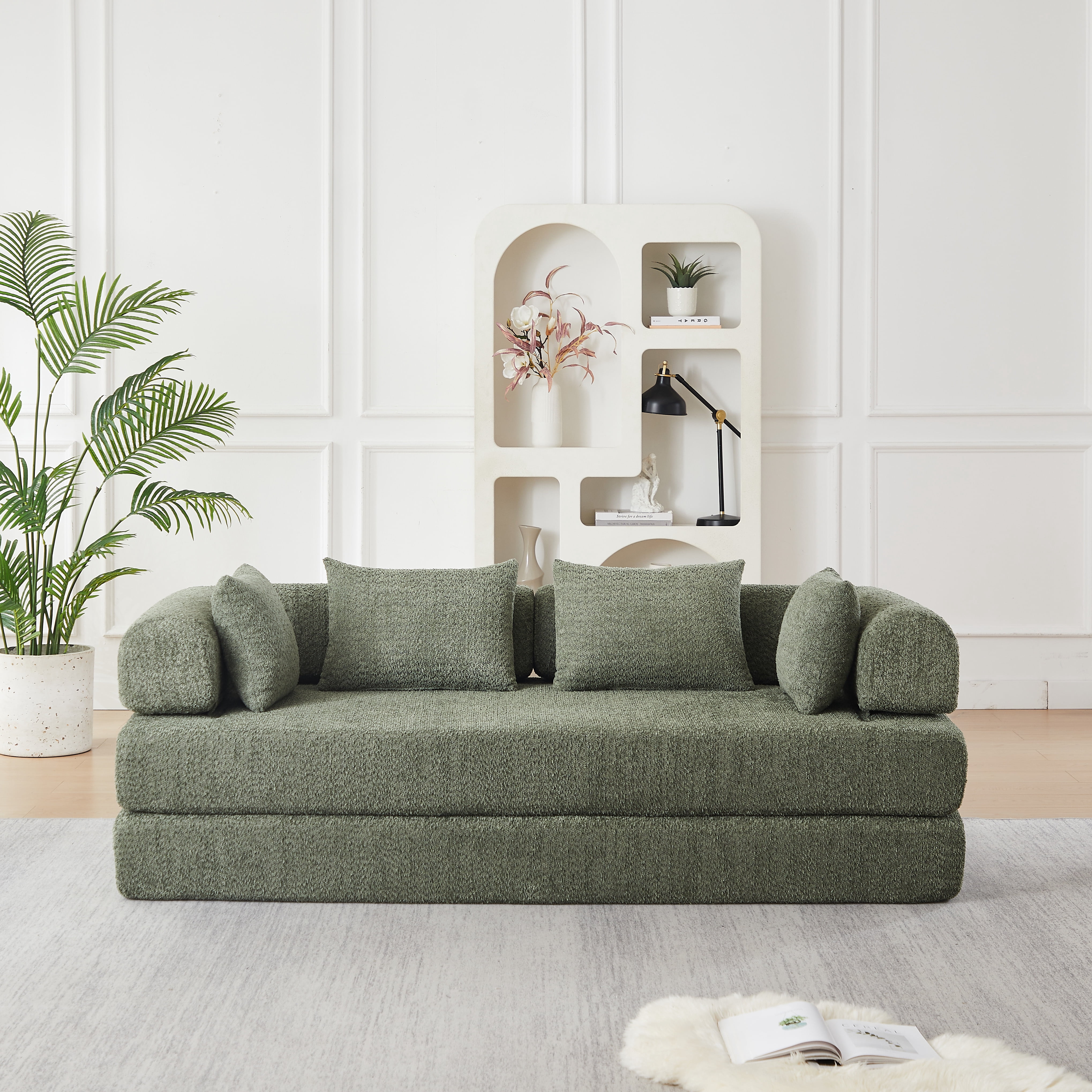 Sleeper Sofa 78.9 Inch with Chenille Fabric and Modular Design, Convertible Floor Sofa Bed and Folding Mattress Couch with Removable Armrests, Green