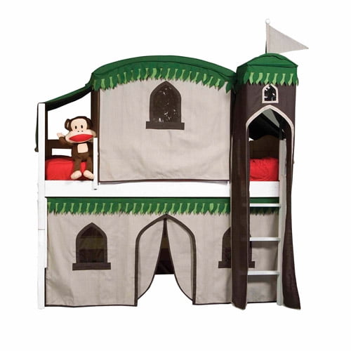 Bolton Furniture Mission Twin Low Loft Bed, White, Treehouse Tower, Top Tent and Bottom Curtain
