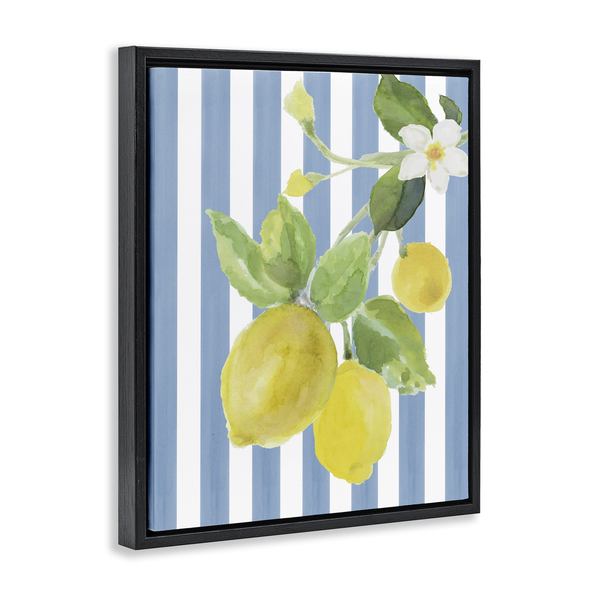 Stupell Industries Lemon Blossom on Blue Stripes Black Framed Floater Canvas Wall Art, design by Lanie Loreth