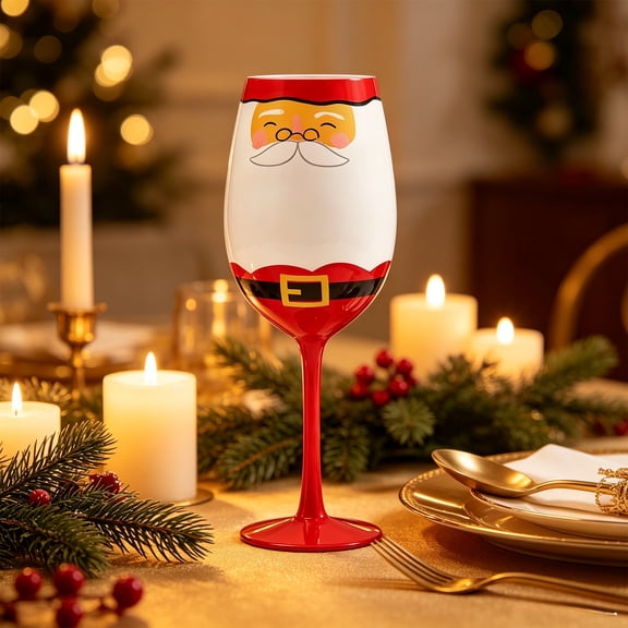 Christmas Wine Glasses, Hand Painted Festive Holiday Stemware Goblet, Reusable Glass Wine Cup Accent for Party Dinner Table Bar Decorative Drinking Gift, 8.66 Inch