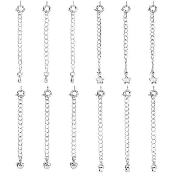 12Pcs Chain Extender 4 Styles Platinum Jewelry Chain Extension Set End Chains with Spring Clasps and Star Teardrop Flower Heart Charm