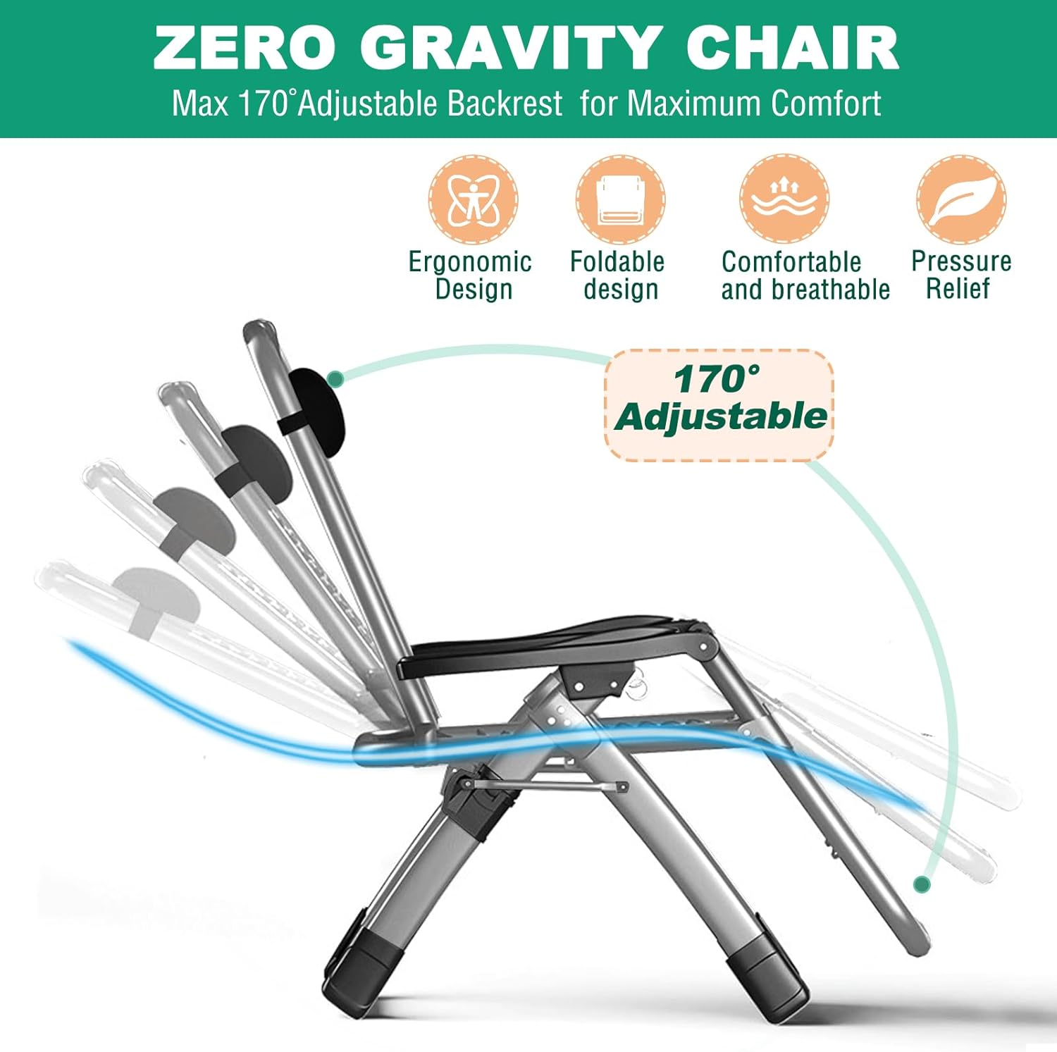 Slsy Zero Gravity Chair 2 Pack, Oversized XL Lounge Chair with Removable Pad & Cup Holder for Indoor and Outdoor, Folding Reclining Chair Set of 2 for Adults - image 2 of 7