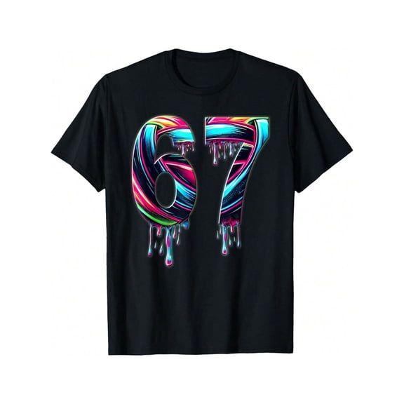 Neon Dripping Number 67 Retro Graphic Unisex Short Sleeve Casual T-Shirt