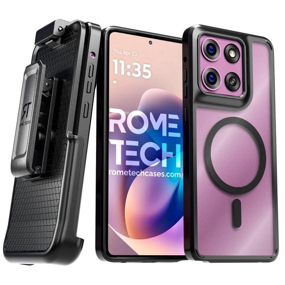 Rome Tech Case with Belt Clip and Detachable Holster Clear Protective Phone Case with Magnetic Function For Moto G Stylus 5G 2025 and 2026 - Clear & Black