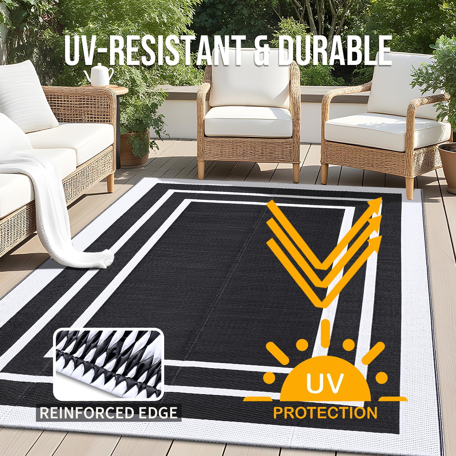 Smiry Outdoor Rugs 6x9, Waterproof Plastic Straw Indoor Outdoor Mat for Patio, RV Camping, Deck,Porch, Black & White