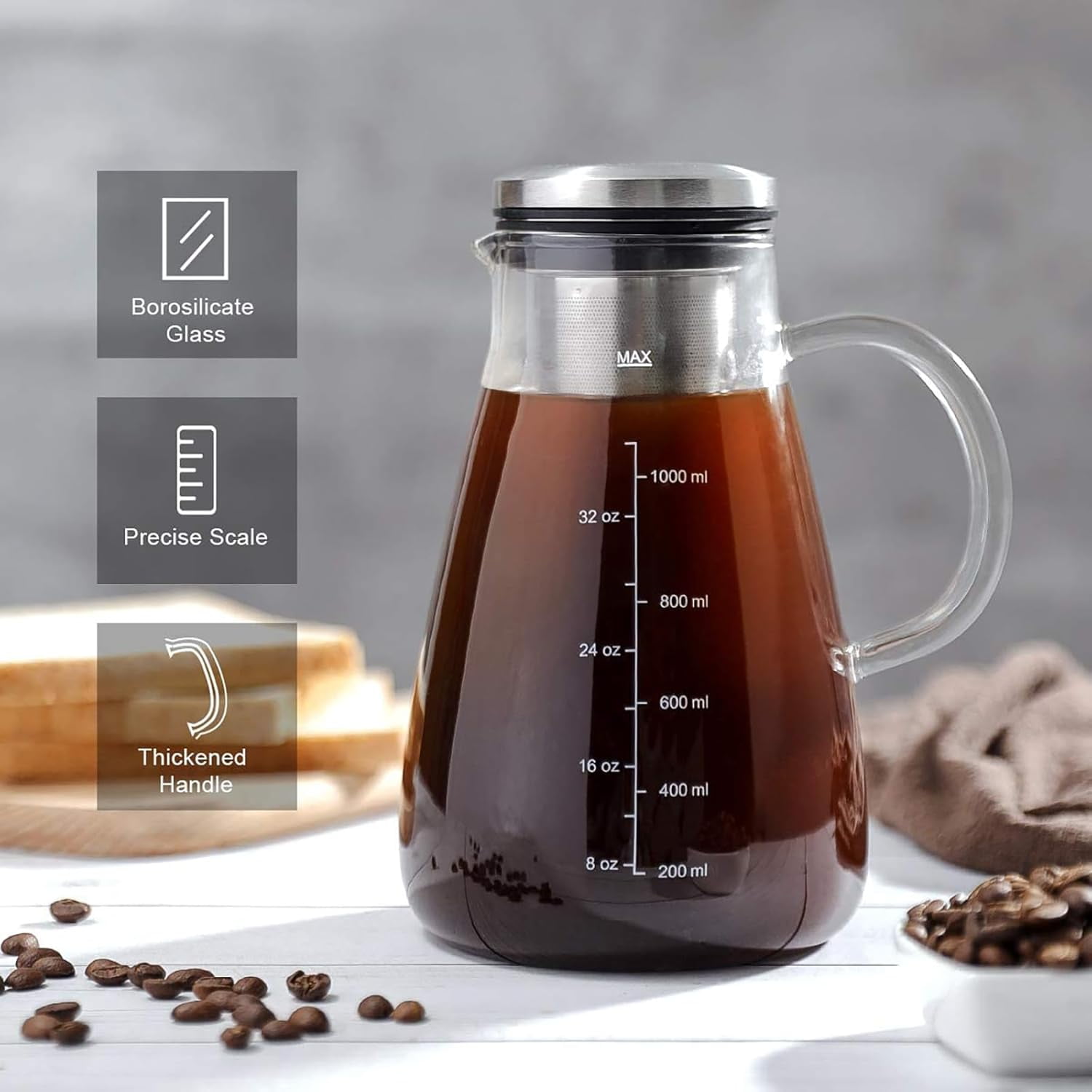 Cold Brew Iced Coffee Maker 51oz, Brewed Coffee Pitcher with Removable Double Mesh 304 Stainless Steel Filter, BPA-Free Glass Container and Tea Maker