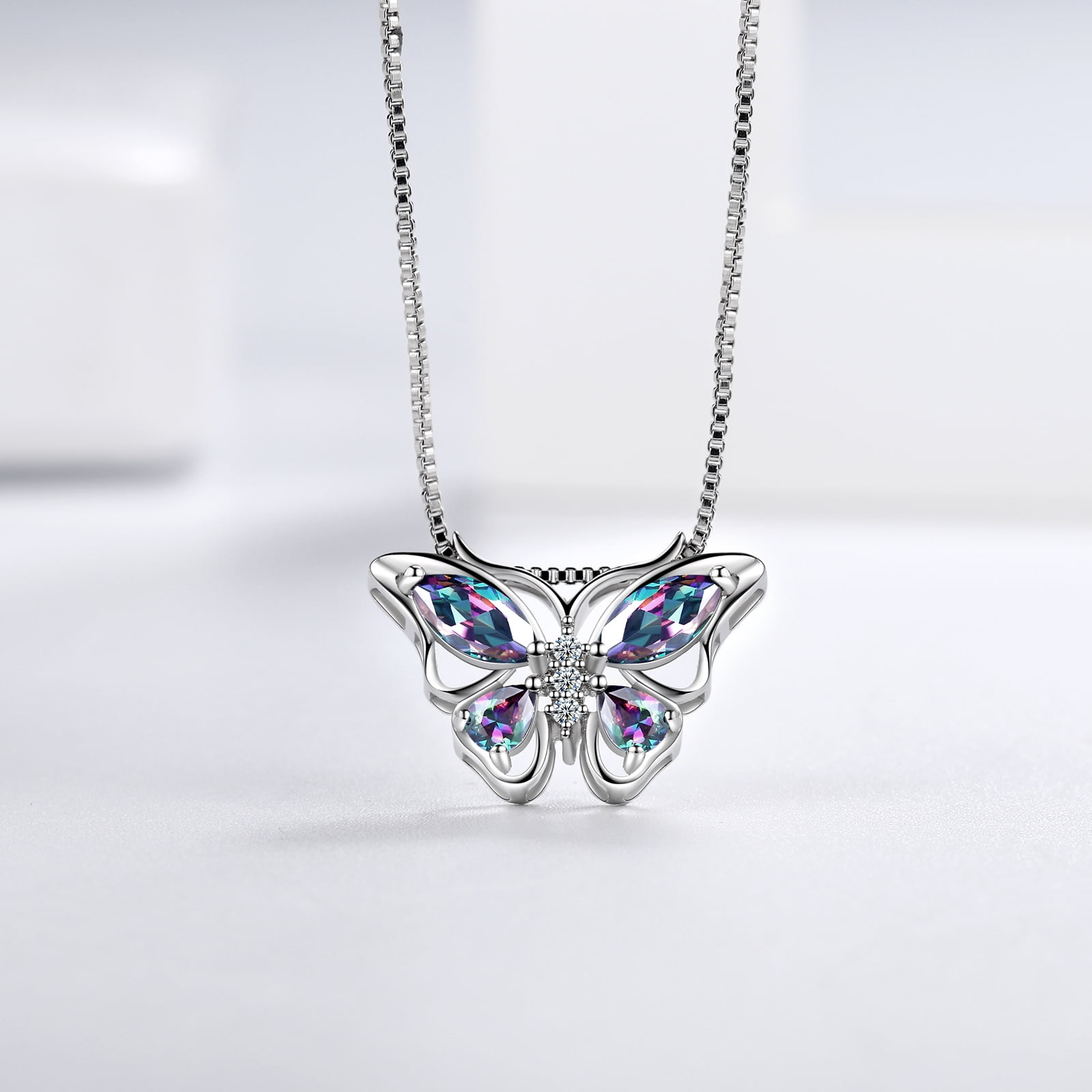 925 Sterling Silver Rainbow Mystic Topaz Butterfly Jewelry Set Fine Necklace Earrings Women Mother's Day Gift