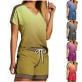 thumbnail image 6 of Women's Gradient Color 2 Piece Casual Sets Short Sleeve V Neck Tees with Drawstring Shorts Summer Trendy Tracksuit Red,XL, 6 of 7