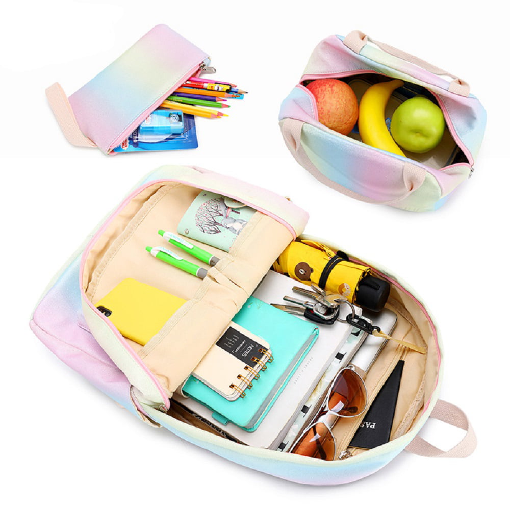 Girl's Backpack, Rainbow Gradient Schoolbag Starry Sky Unicorn Bookbag with  Lunch Pack Pencil Case 3-Piece Set (A)