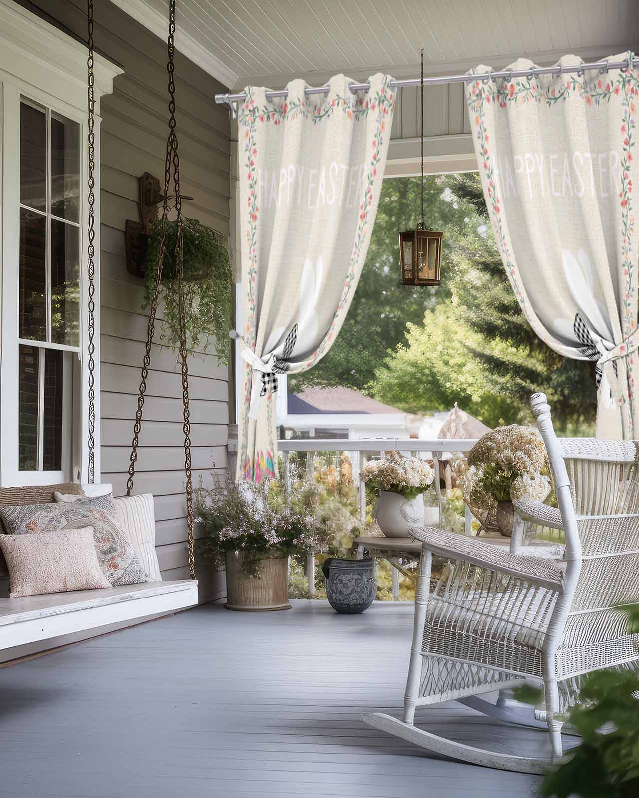 Happy Easter Outdoor Curtains for Patio, Bow Bunny Colorful Eggs Flowers Vines Privacy Drapes Grommet Waterproof Outside Curtains for Porch/Cabana/Balcony 54"x 108", 1 Panel