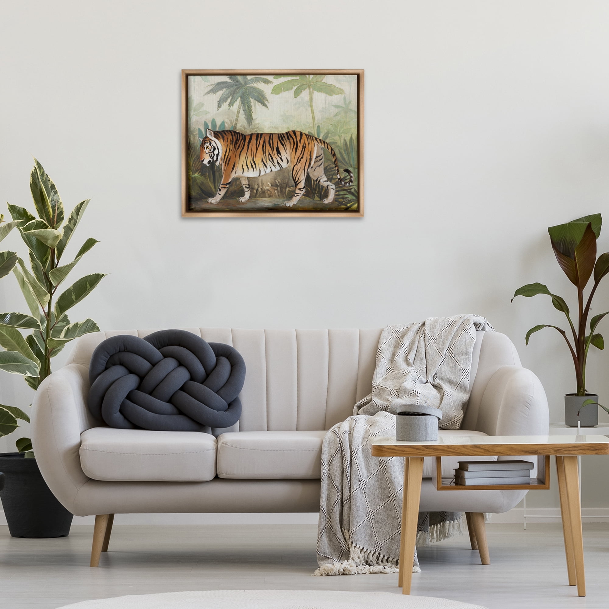 Stupell Industries Prowling Tiger in Forest Landscape Painting Brown Floater Framed Canvas Art Print Wall Art, 31 x 25
