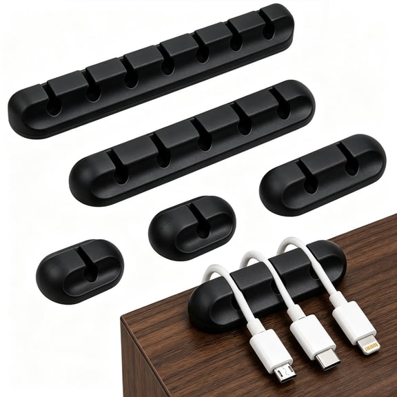 YouAan Cable Holder Clips, 6-Pack Silicone Self Adhesive Cord Organizer for Desktop, Nightstand, Home Office, Black