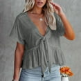 thumbnail image 2 of Women's Plus Size V Neck Short Sleeve Blouse Ruffle Hem Tie Front Crop Top Lightweight Summer Casual Tunic Shirt, 2 of 6