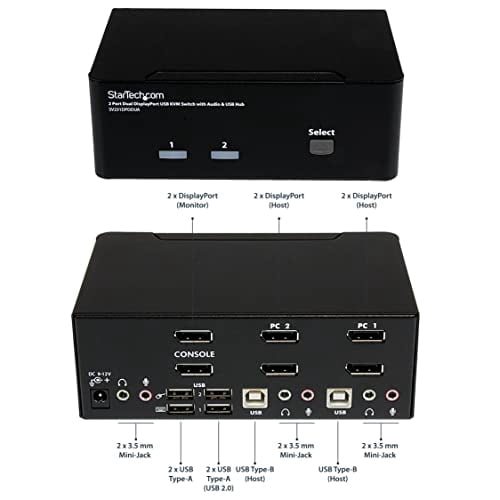 StarTech.com Dual Monitor DisplayPort KVM Switch - 2 Port - USB 2.0 Hub - Audio and Microphone - DP KVM Switch (SV231DPDDUA) Black