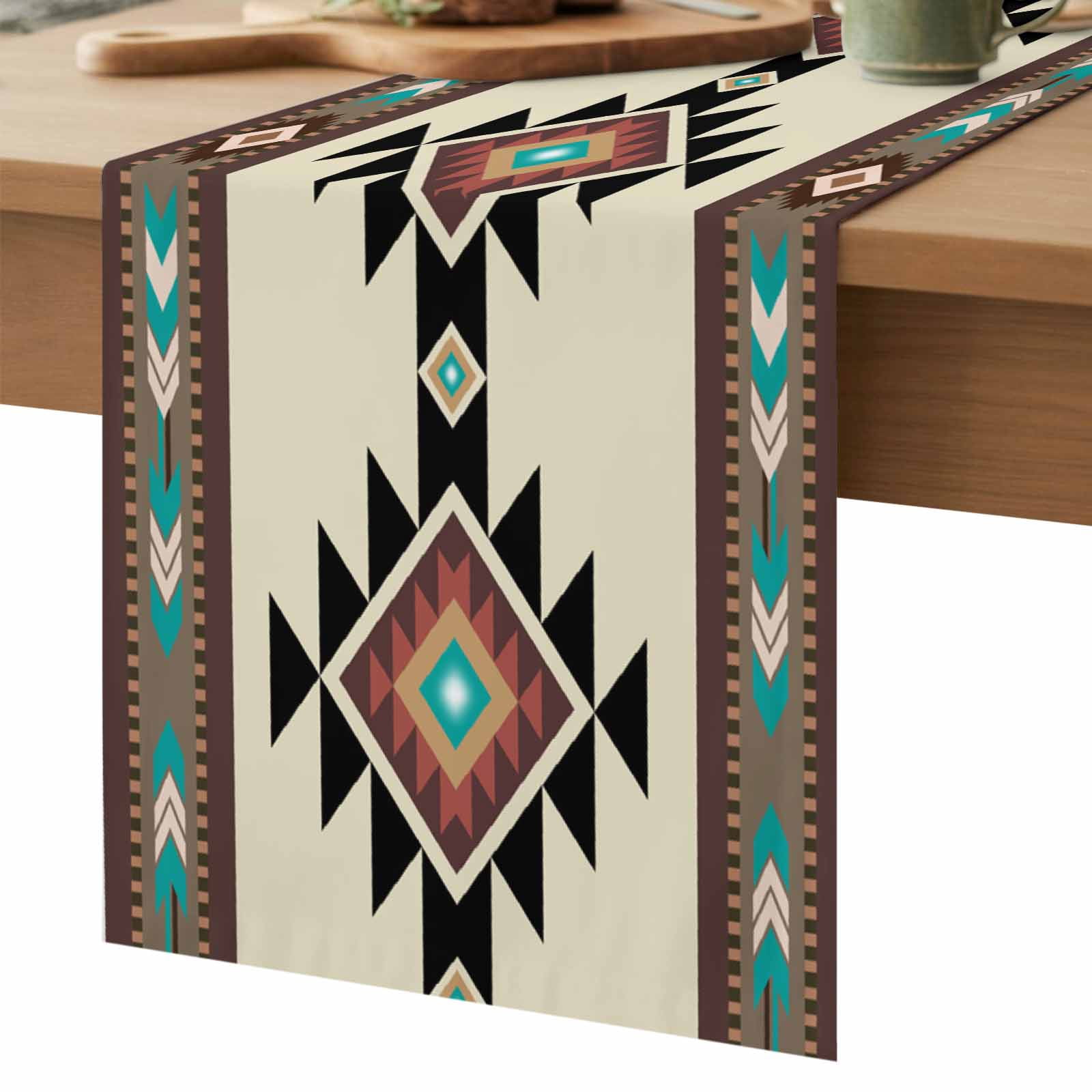 Southwest Geometric Table Runner 108 Inches Long,Brown Mexican Aztec Boho Tribal Cotton Linen Table Runners Dresser Scarves,Decorative Tabletop Scarf Furniture Cover for Home Dinner Party 13"x108"