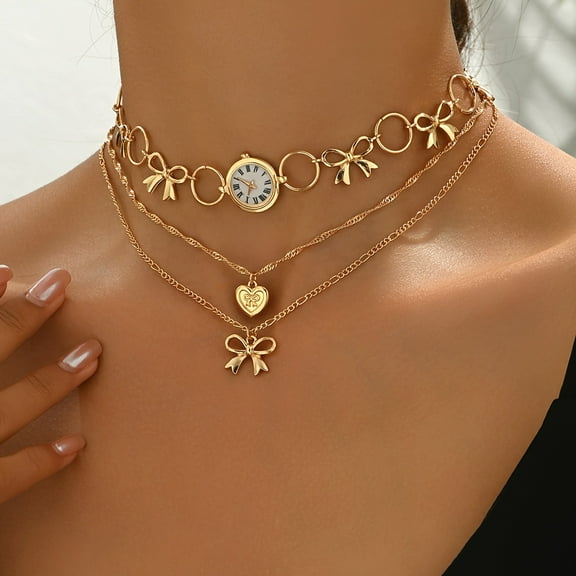 JUSIP Necklace with Multi-Layered Peach Heart Bow Knot Pendant, Golden Accessory for Women, Vintage Casual Attire Valentine's Day Gift