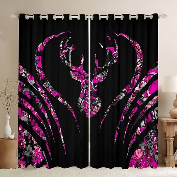 Manfei Wild Deer Silhouette Black Out Curtains,Jungle Animal Curtains Pack of 2 (42x63 Each),Pink Black Bedroom Curtains For Boys Girls,Breathable Home Decor