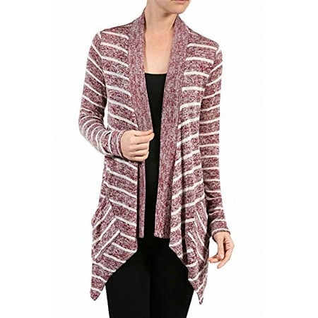 Sassy Apparel Women's Trendy Asymmetrical and Stripe Design Cardigan Sweater (Burgundy)