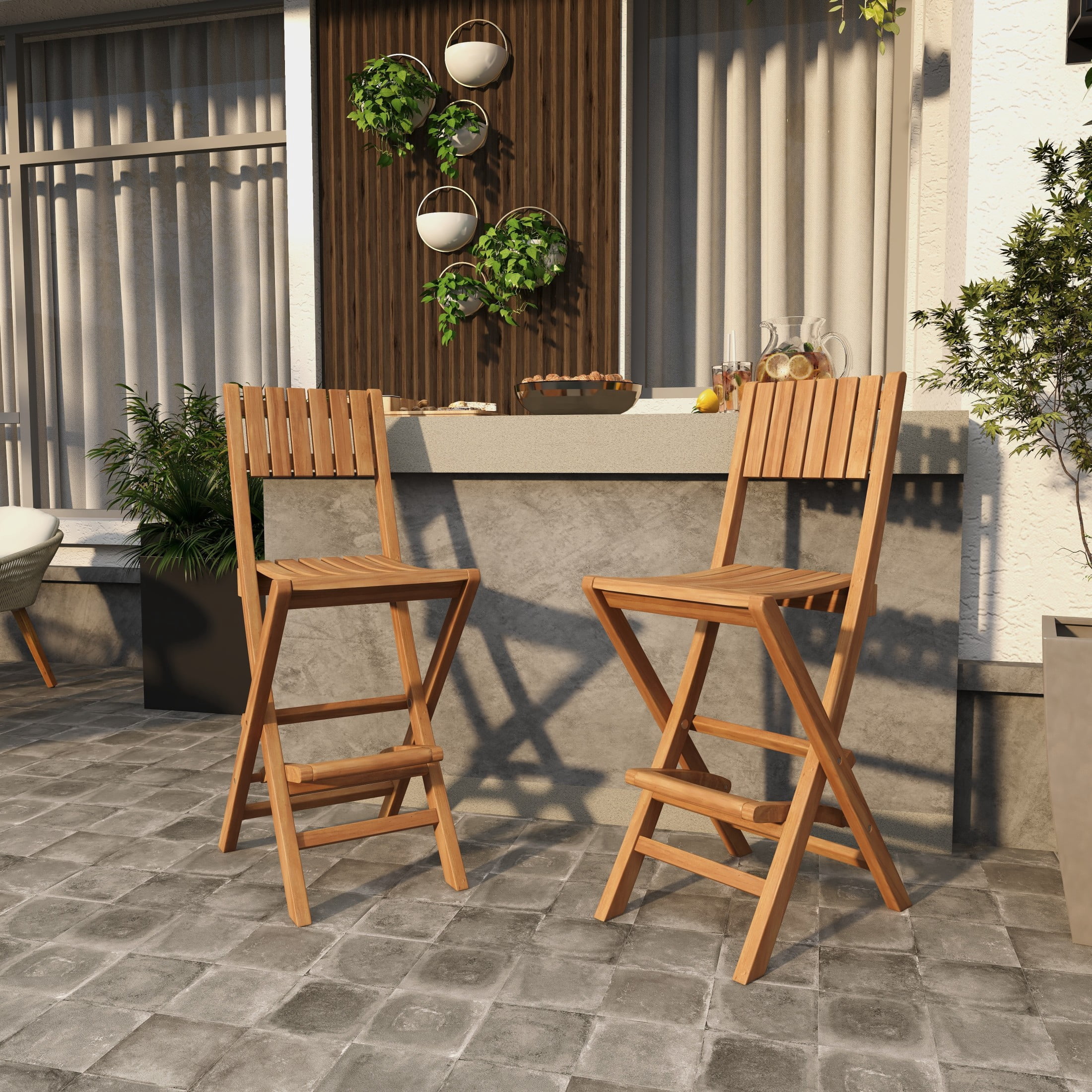 DecMode Teak Wood Indoor Outdoor Slatted Folding Bar Stool with Footrest, Brown, Set of 2