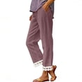 thumbnail image 2 of VEKDONE Women's Straight Trousers with Pockets High Waist Drawstring Loose Fit Anlke Pants Fashion Lace Trim Hem Long Pants Purple M, 2 of 5