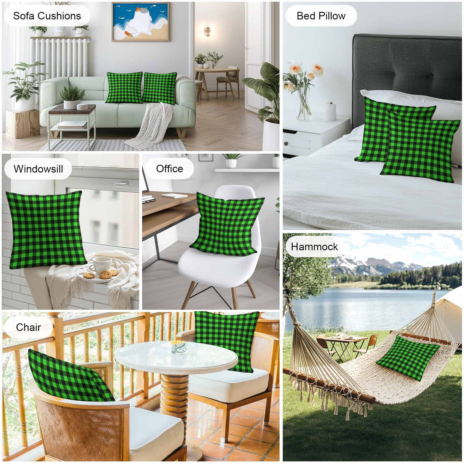 Black Green Plaid Outdoor Pillow Covers 24x24 Inch Throw Pillow Covers Set of 2 Waterproof Decorative Pillow Cases Modern Buffalo Checked Gingham Art Cushion Covers for Patio Furniture Garden Couch