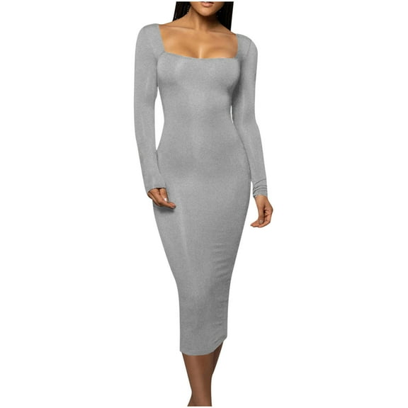 WRKEKC Long Sleeve Dress for Women Solid Color Fleece Lined Square Neck Bodycon Knee Length Dress with Ribbed Knit