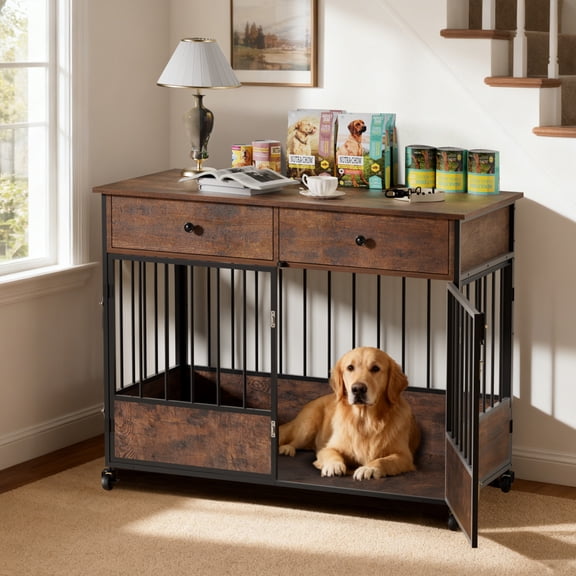 44.5" Large Dog Crate Furniture with 2 Drawers, Wooden Dog Kennel Indoor End Table, Heavy-Duty Dog Kennel Furniture & Modern Decorative Dog House for Small, Medium & Large Dogs, Brown
