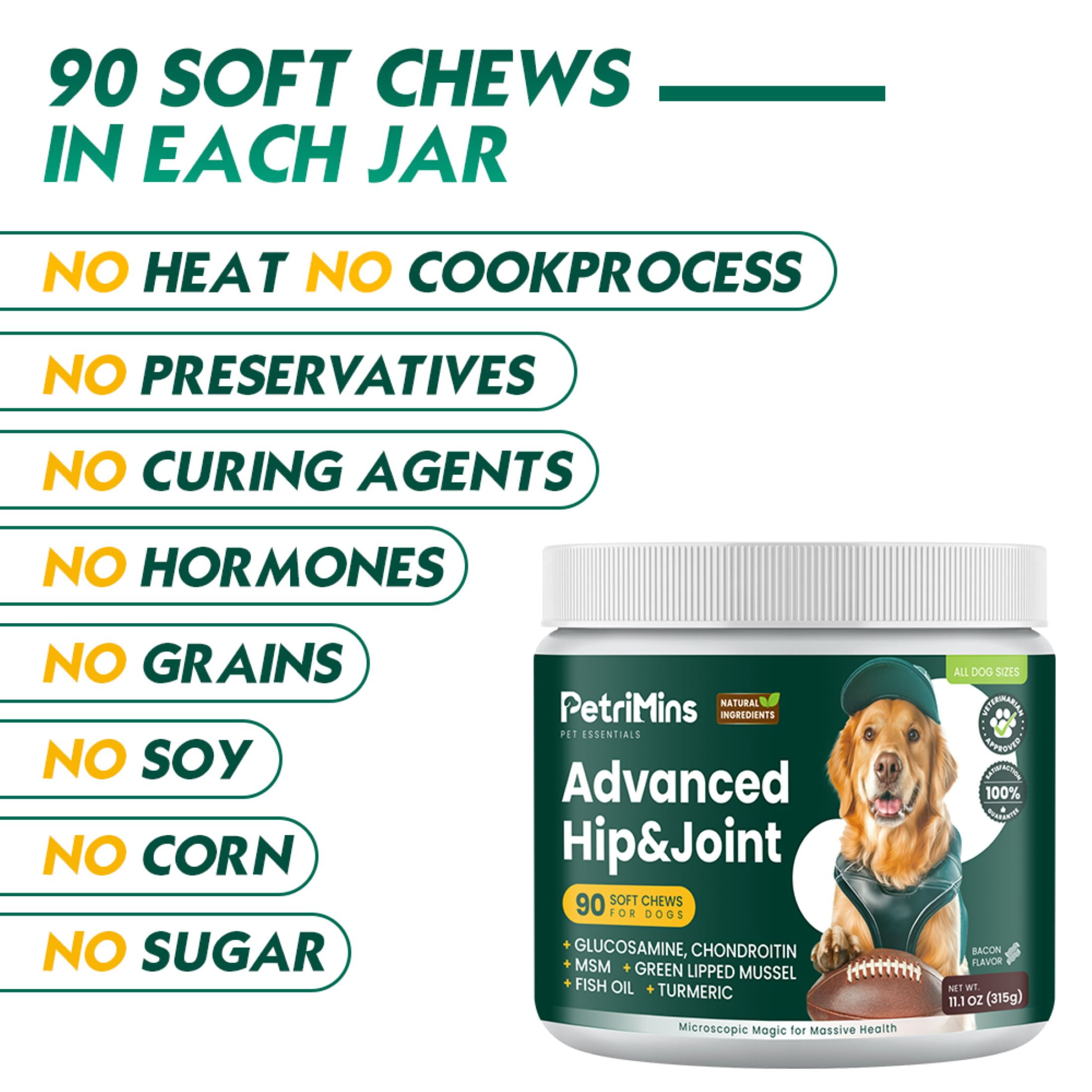 PetriMins Advanced Hip & Joint Chewable Supplement for Dogs, Bacon Flavor, 90 Count
