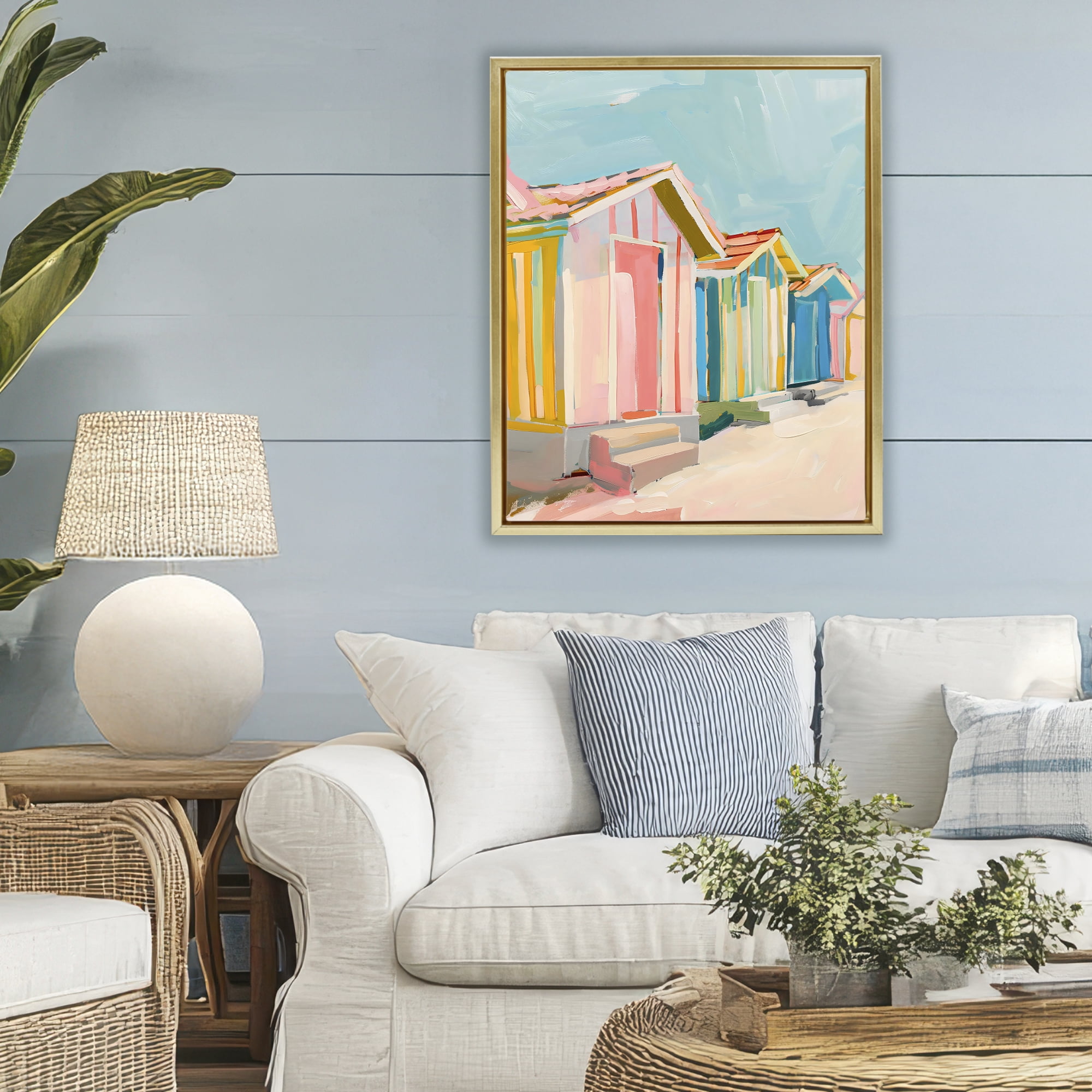 Stupell Industries Striped Beach Bungalows Gold Framed Floater Canvas Wall Art, design by The Prints Vibe