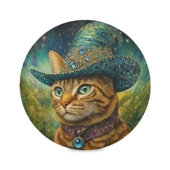 WOBOGO Sapphire Hat Kitty Round Placemats Set of 1 Heat Resistant Washable Kitchen Table Decorations 15.4in