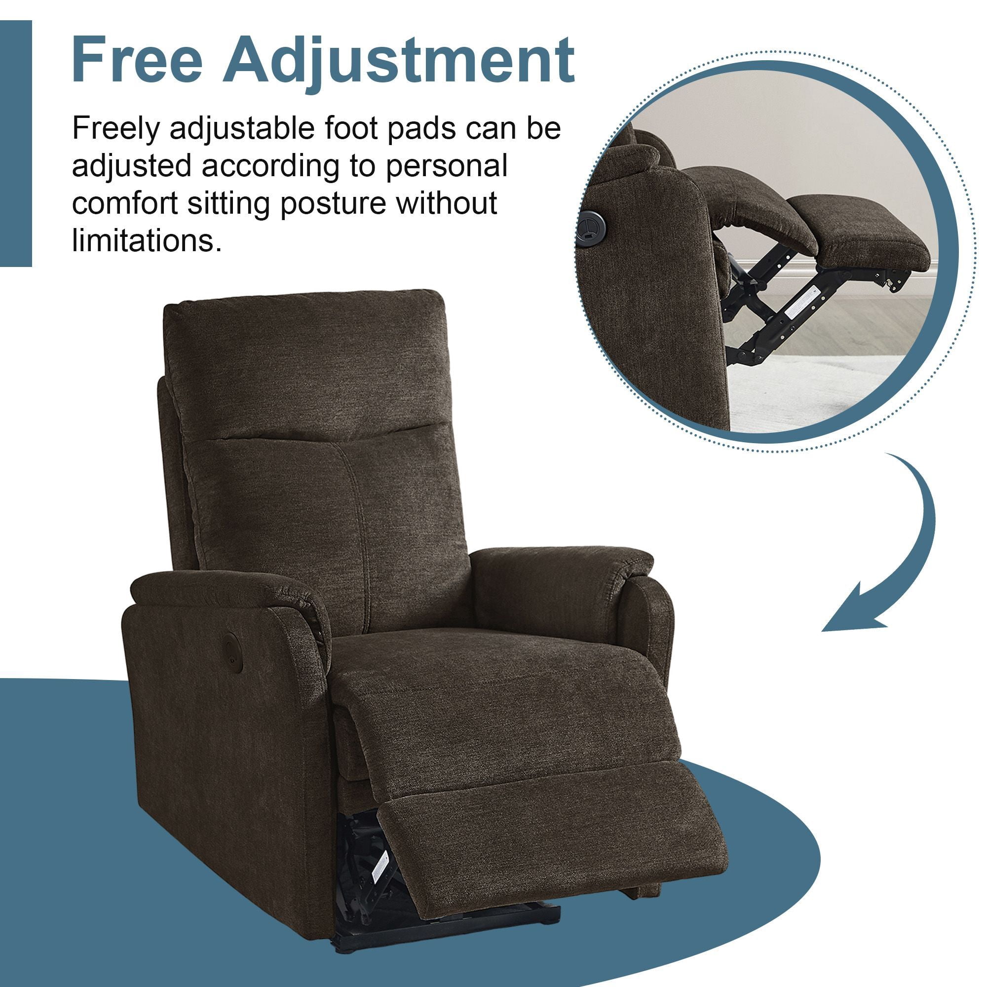 DEALTOPS Power Recliner Chair with USB Ports, Recliner Single Chair with Adjustable Footrest, Dark Brown