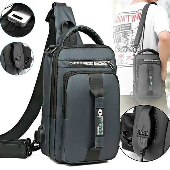 Anti-theft Men's Crossbody Sling Bag with USB Port, Chest Shoulder Messenger Backpack. (Gray)