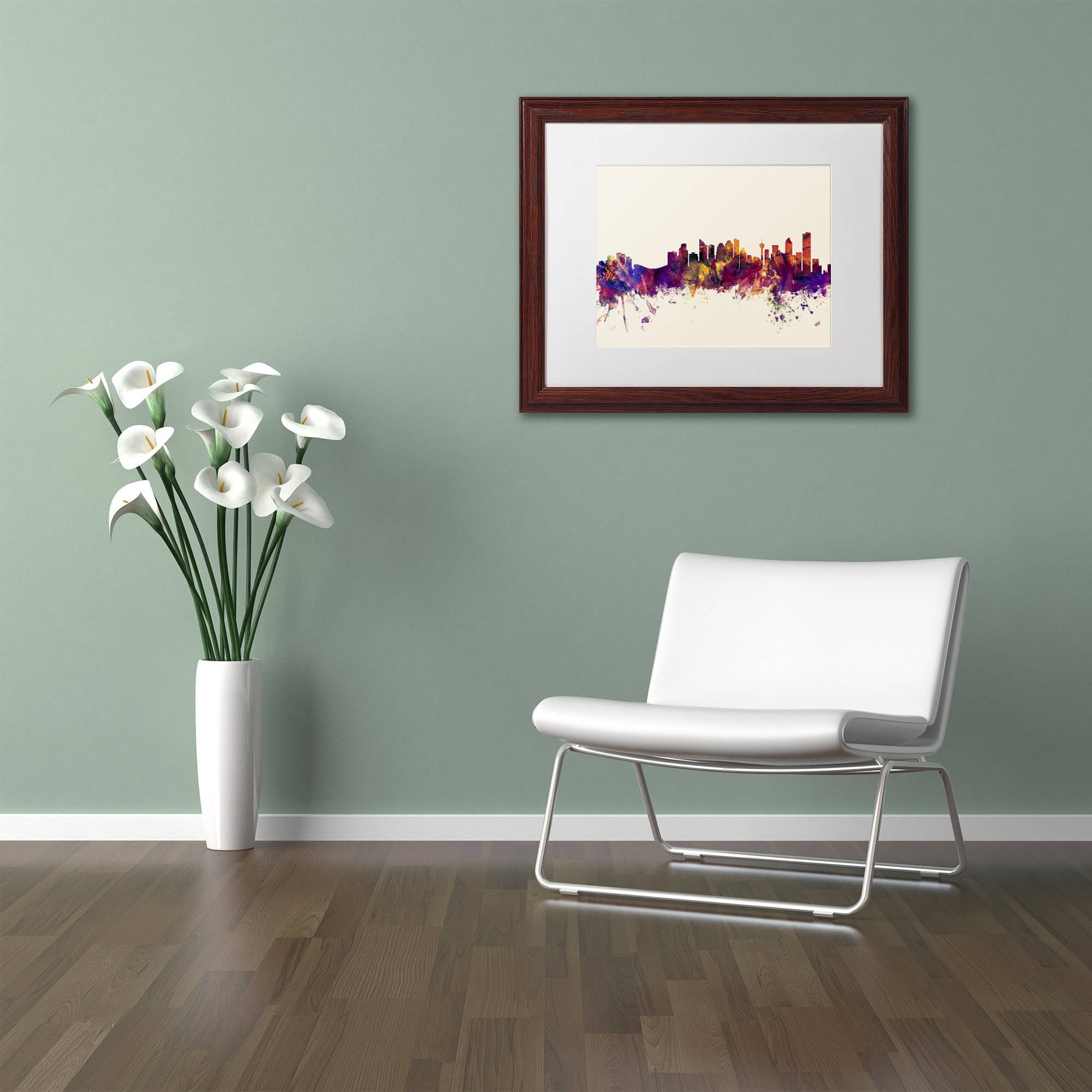 Trademark Fine Art "Calgary Canada Skyline" Canvas Art by Michael Tompsett, White Matte, Wood Frame