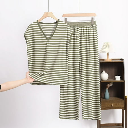 Taylonsss Womens Pajama Set Striped Sleeveless V Neck Relaxed T-Shirt and Lounge Pants Comfy Two-Piece Loungewear