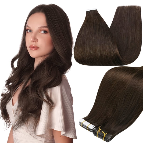 Extensiones de cabello con cinta adhesiva, cabello humano Remy, trama de piel invisible, color 2, marrón oscuro, exten
