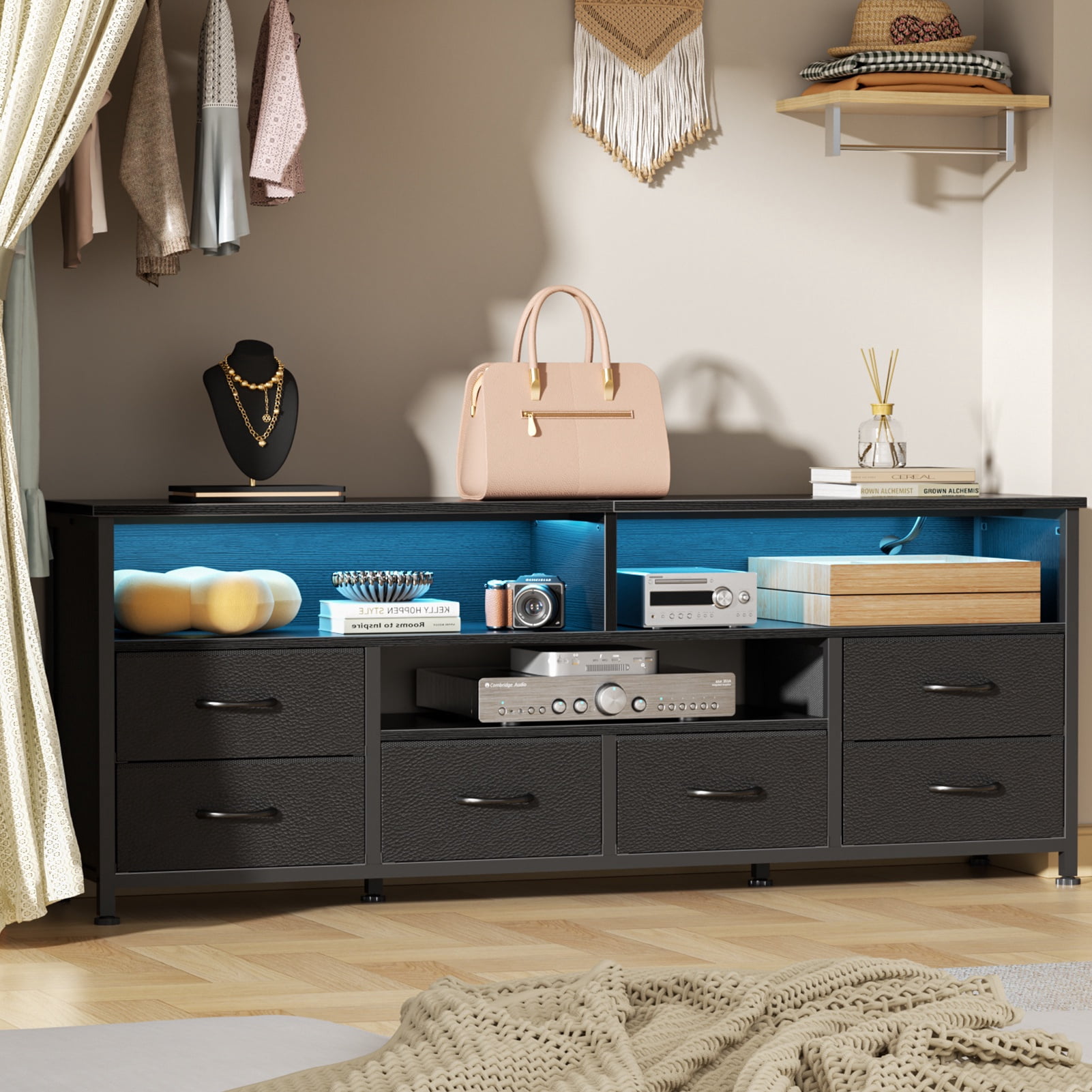Tydimor 6-Drawer Fabric Dresser with LED Lights & Outlet, TV Stand with 3 Open Compartments, Metal Frame Anti-Tip Design, Fits 32"-70" TVs, for Bedroom or living room, Black (55")