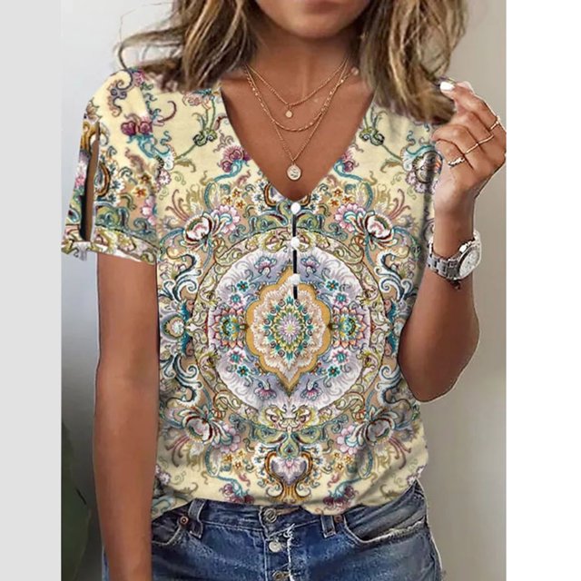 ICHUANYI Clearance Women's Fashion Summer Print Ordinary Women's Short Sleeve Round Neck T-shirt Top(Yellow, XXL) ICHUANYI WER2023080710163