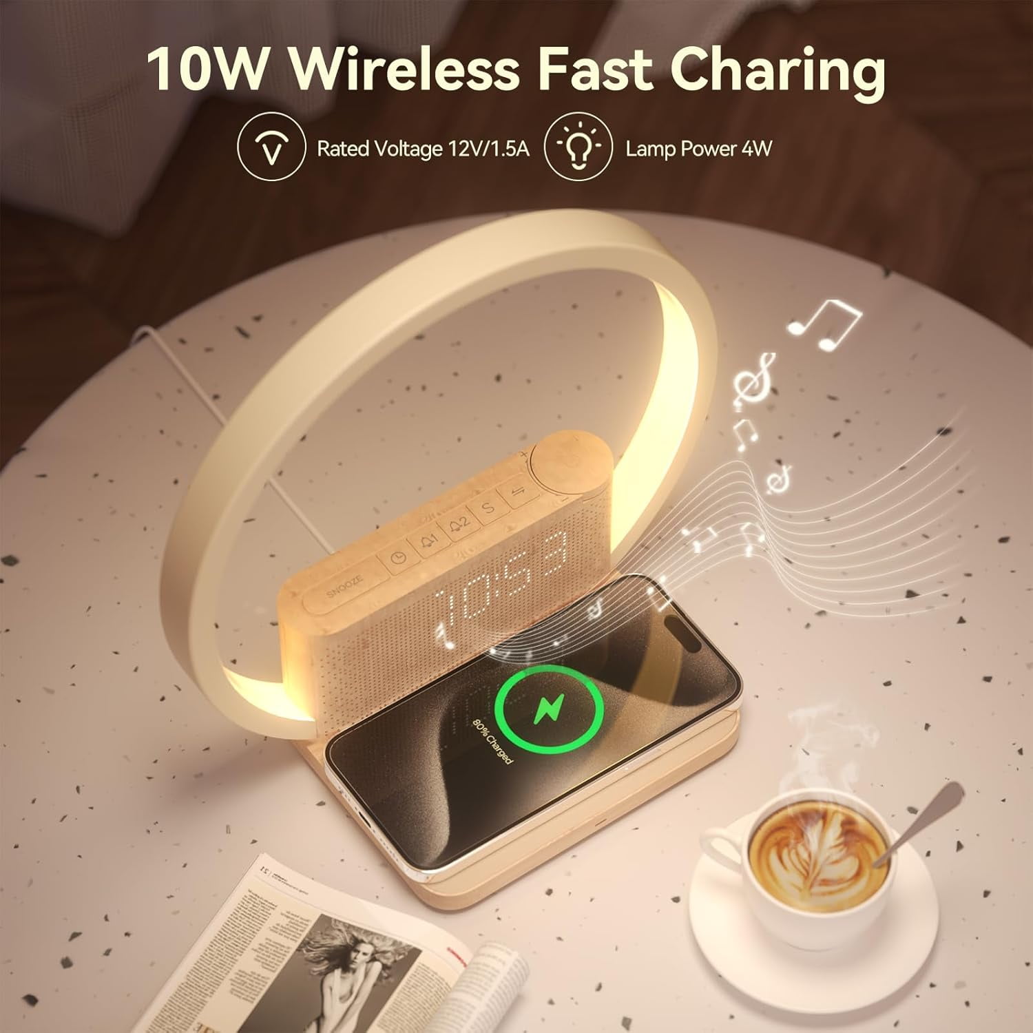 Sunrise Alarm Clock with Wireless Charging, 10W Qi Fast Charging, White Noise Machine, 3-Level Dimmable Light & Dual Alarms for Heavy Sleepers in Bedroom